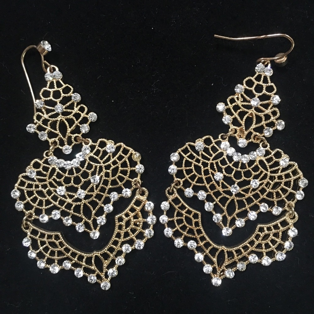Costume Gold Chandelier Earrings with Rhinestones